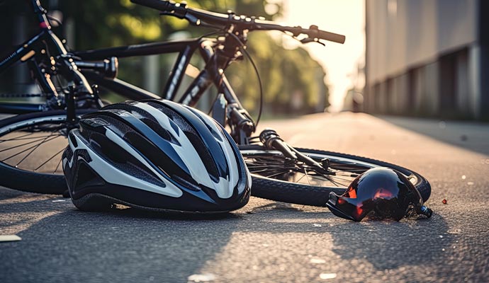 A bicycle lying on its side on a road