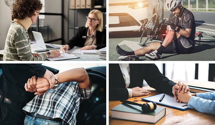 Collage of personal injury, legal consultation and arrest Collage of personal injury, legal consultation and arrest