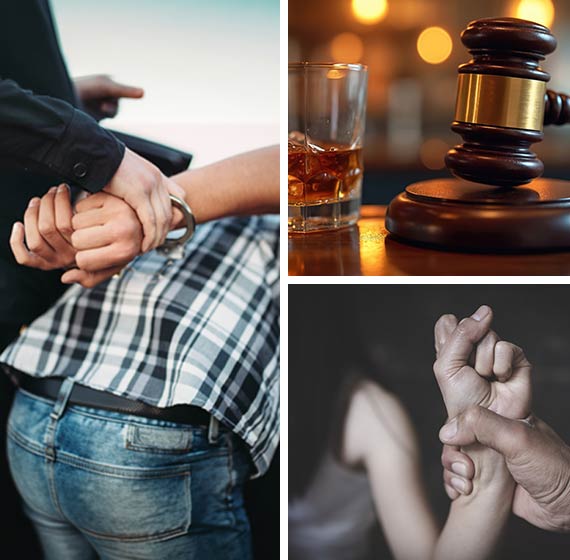 Collage of a person being handcuffed by an officer, a glass of whiskey next to a wooden gavel, and a hand tightly gripping another person's wrist