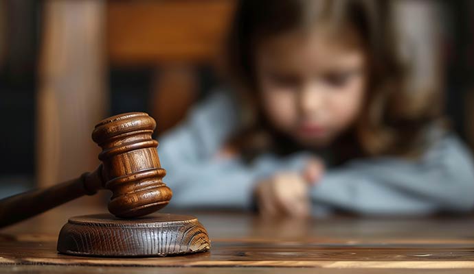 Wooden gavel and sound block on a wooden table with a blurred young child sitting in the background