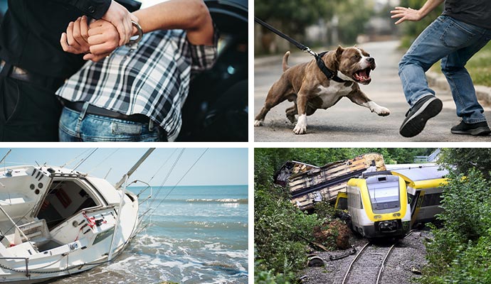 A collage of person being handcuffed, an aggressive dog on a leash, a capsized sailboat on a beach, and a derailed train