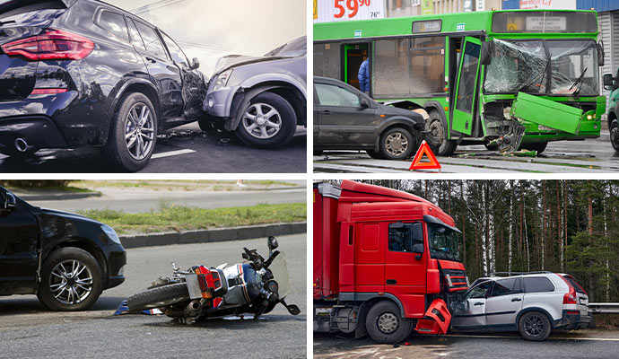 Examples of different types of vehicle accidents Collage of different vehicle accidents including car collisions, bus crash, motorcycle accident, and truck crash