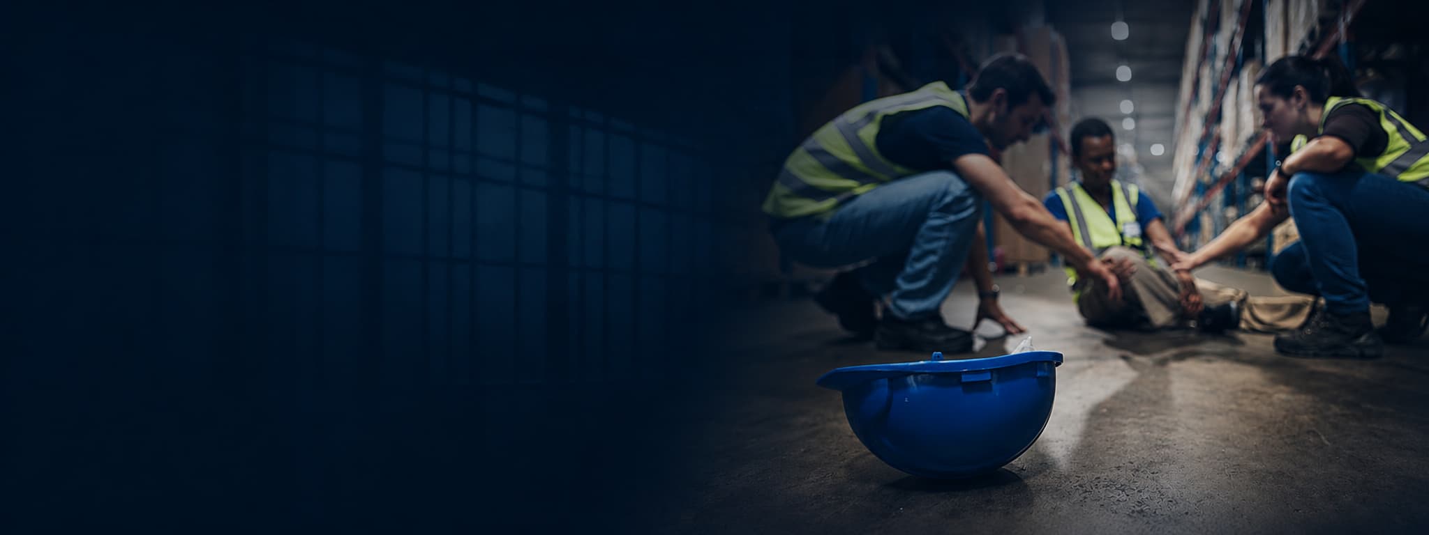 Two colleagues kneel down to help an injured worker
