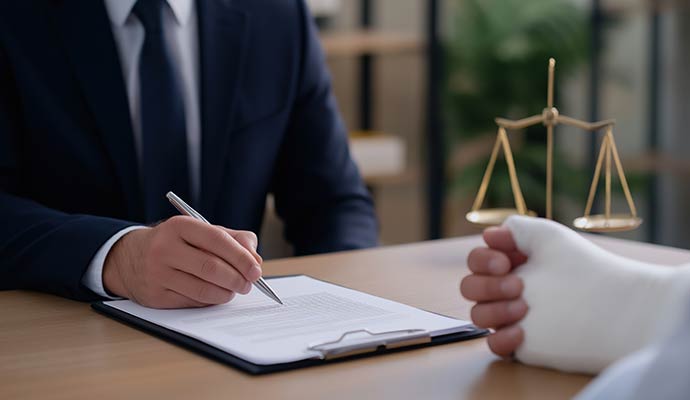A person with a bandaged hand consulting with a legal person