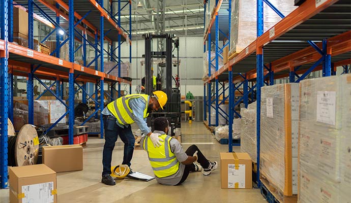 A worker help an injured colleague in a warehouse